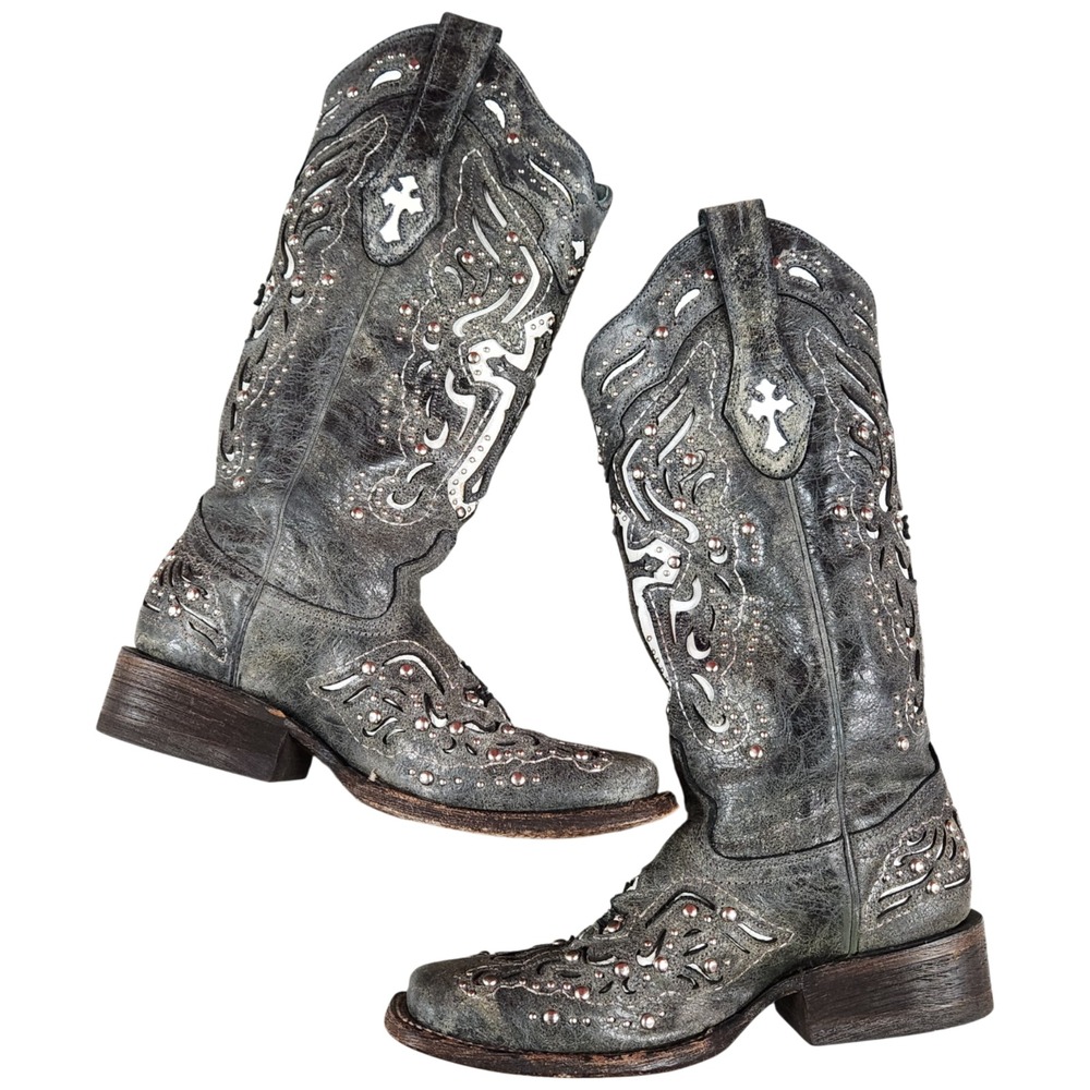 Corral Vintage Cross Square Toe Cowboy Western Boots 6.5M Cross Studded Bling - Picture 11 of 16